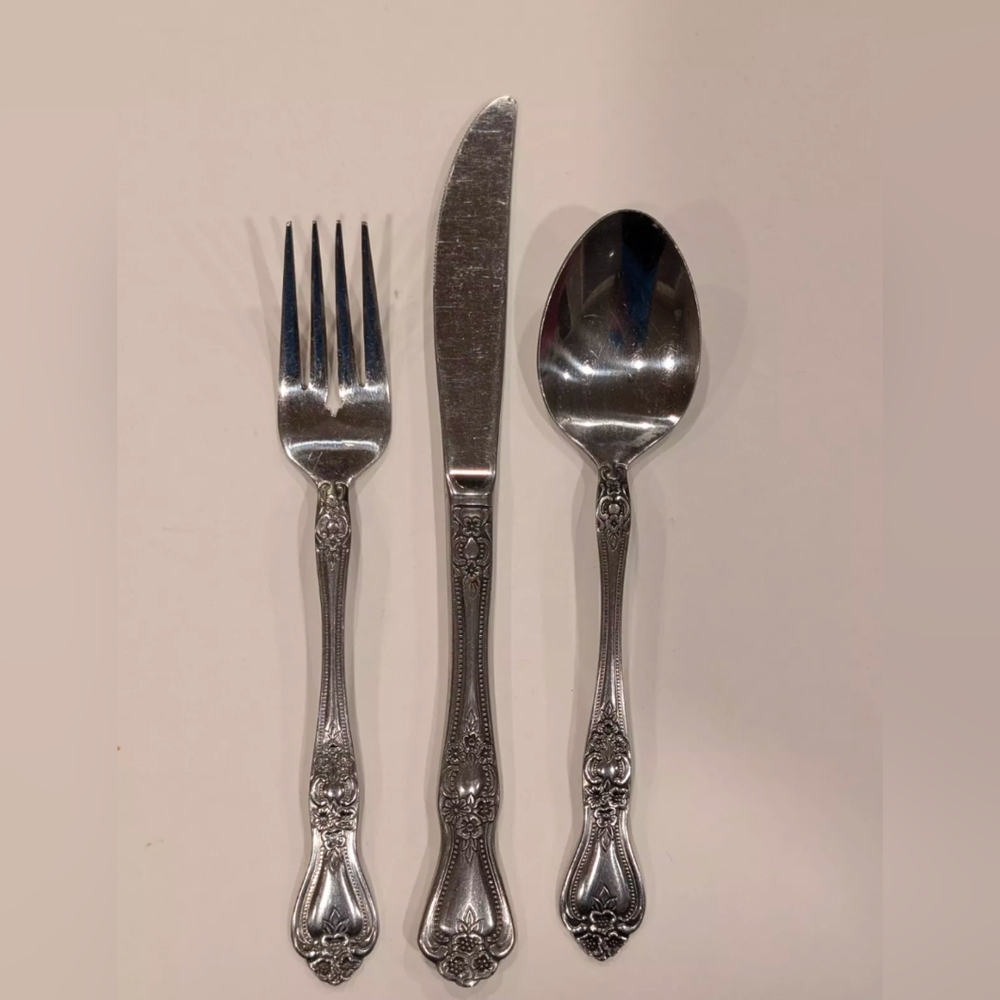 Vintage ROGERS Stainless Flatware Cutlery Set Precious Rose KOREA Table Setting
